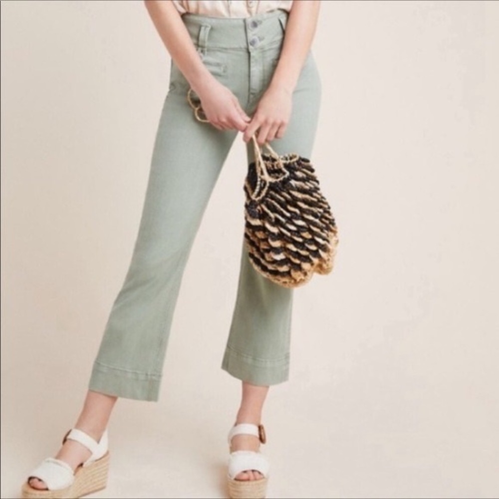 Anthro Pilcro & the Letterpress Mint Green High Rise Flare Pants Belted Sz 27
